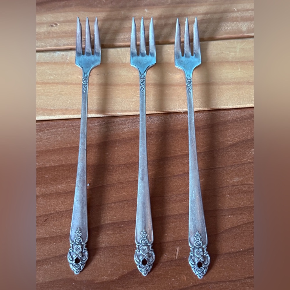 3 Prestige Plate Silverplate 6” Cocktail Forks Vintage Rose Floral Pattern